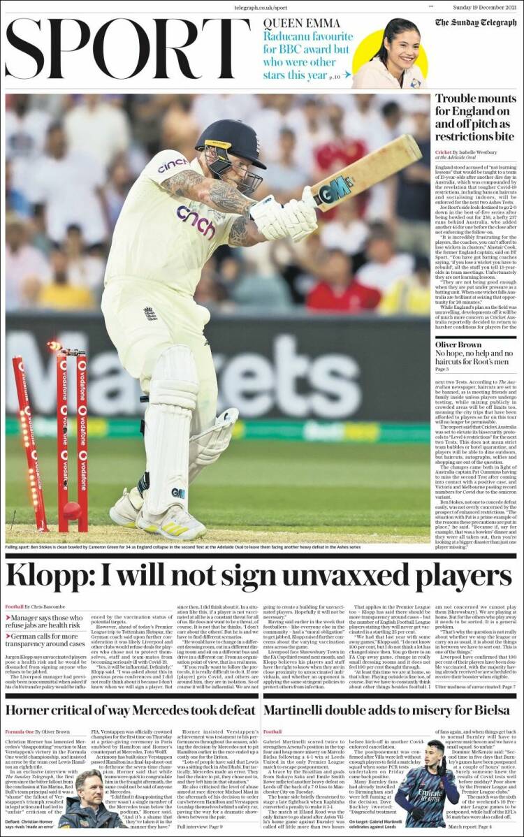 Portada de Telegraph Sport (Reino Unido)