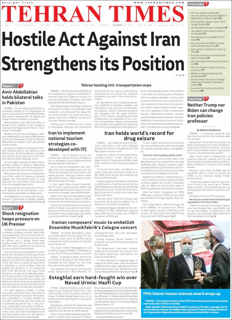 Portada de TehranTimes (Irán)