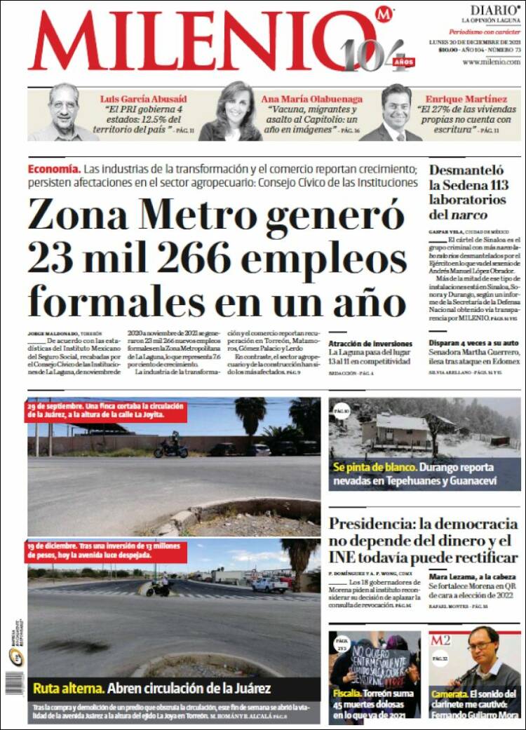 Portada de Milenio - Laguna (México)