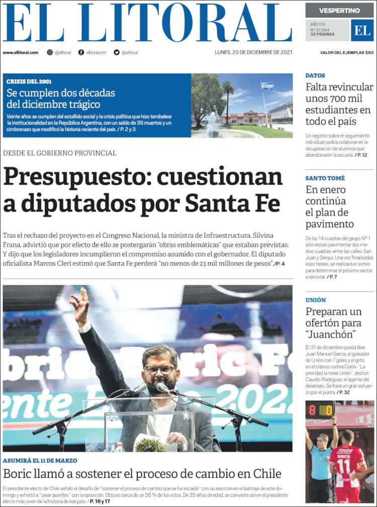 Portada de Diario El Litoral (Argentina)