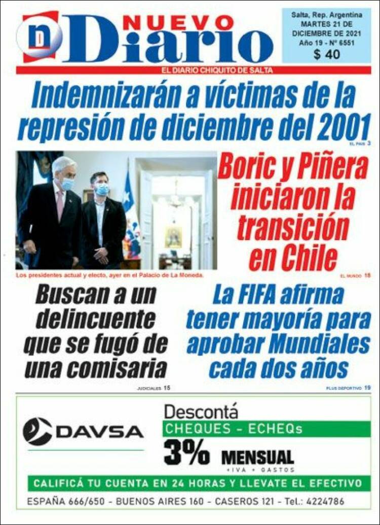 Portada de Nuevo Diario de Salta (Argentina)