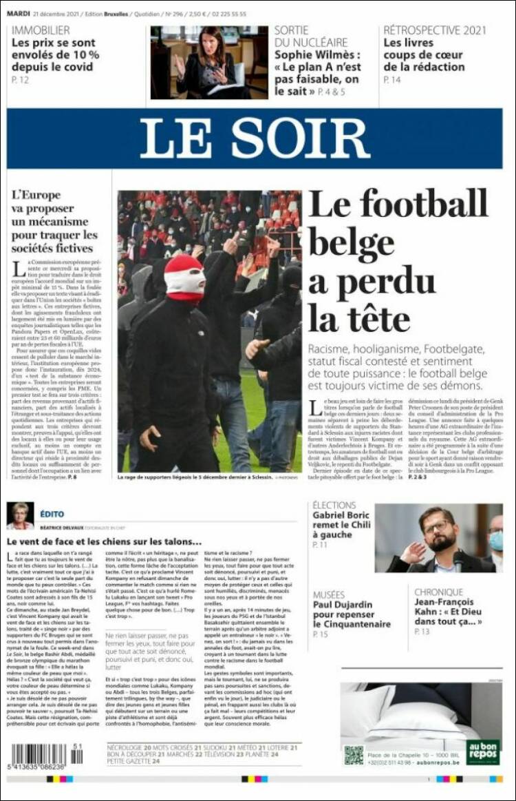 Portada de Le Soir (B&eacute;lgica)