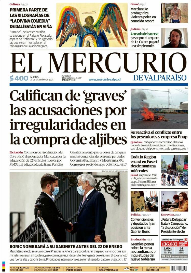 Portada de Mercurio de Valparaiso (Chile)