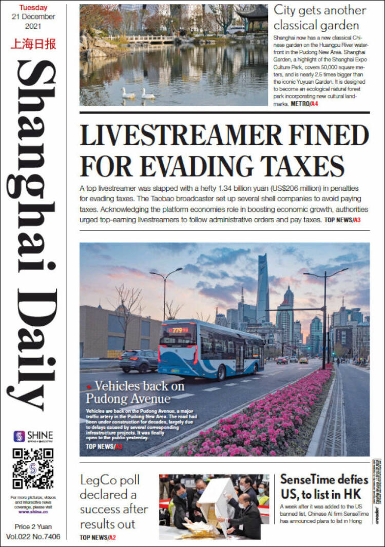 Portada de Shanghai Daily (China)