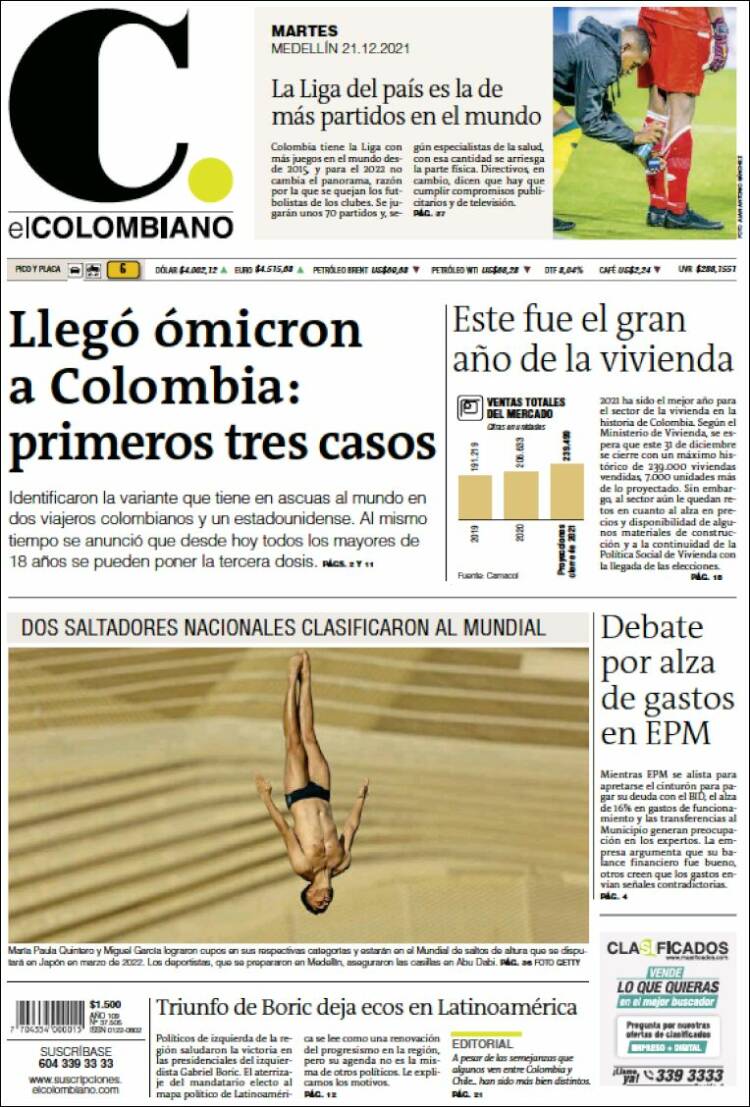 Portada de El Colombiano (Colombia)