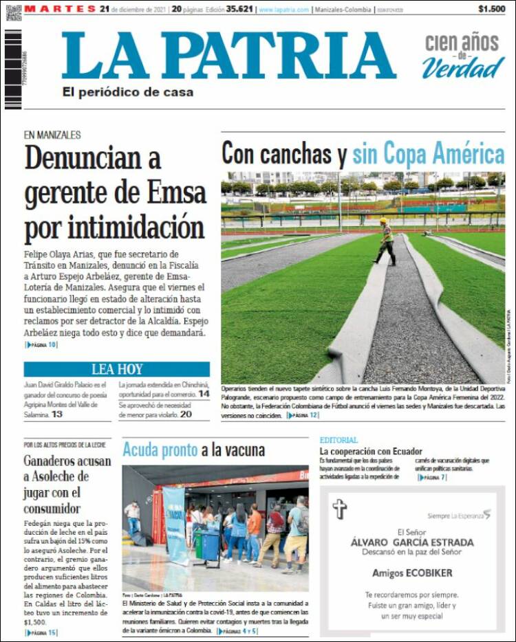 Portada de La Patria (Colombia)