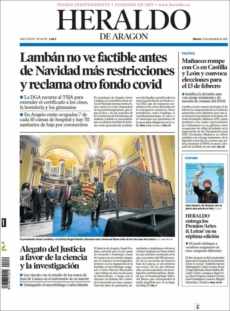 Portada de Heraldo de Aragón (Espa&ntilde;a)