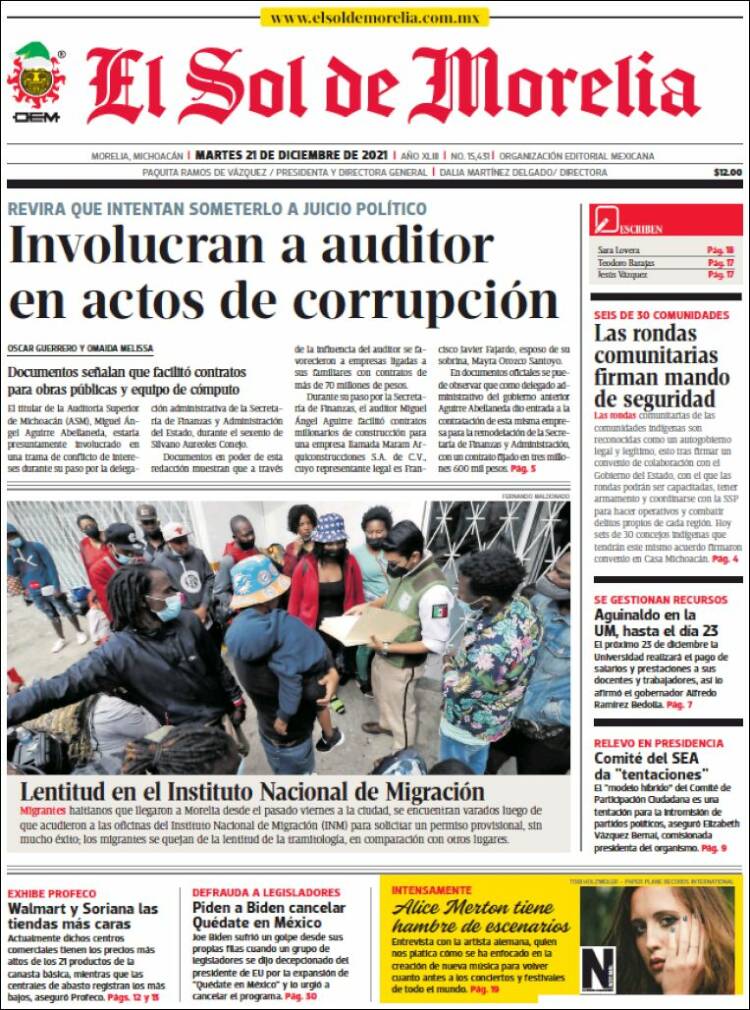 Portada de El Sol de Morelia (M&eacute;xico)