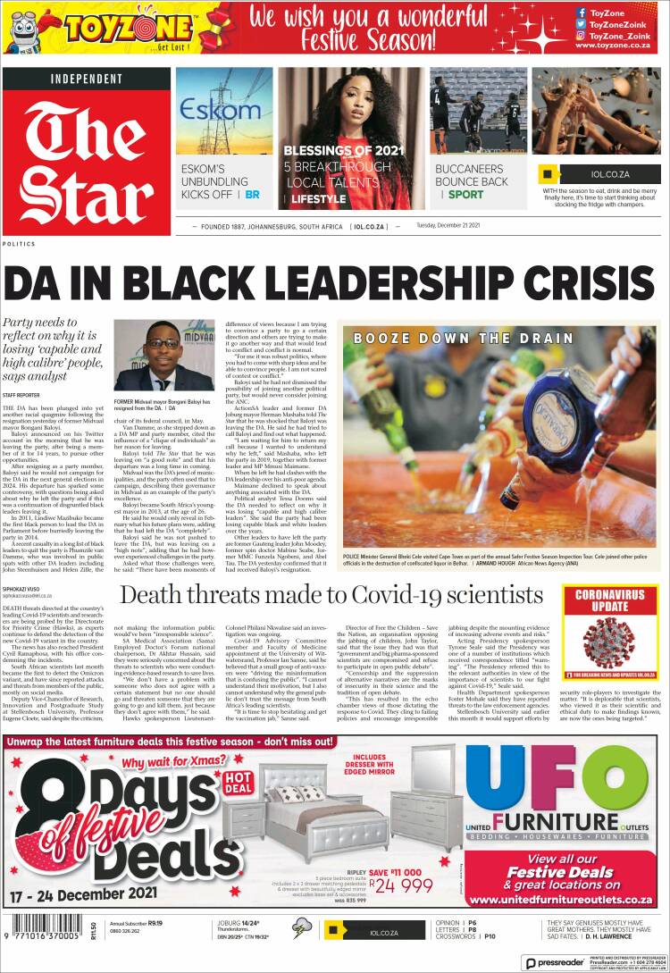 Portada de The Star (Sud&aacute;frica)