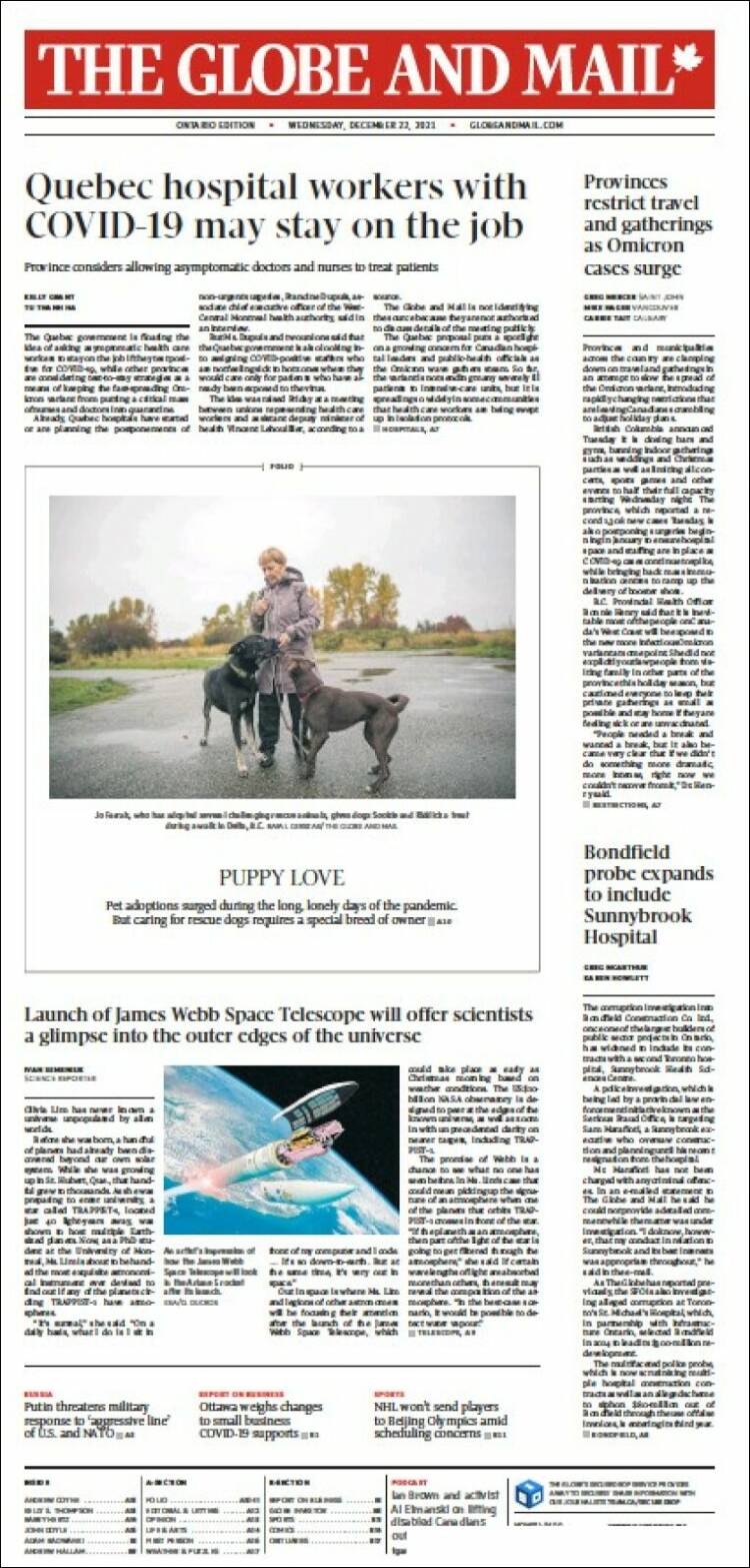 Portada de The Globe and Mail (Canadá)