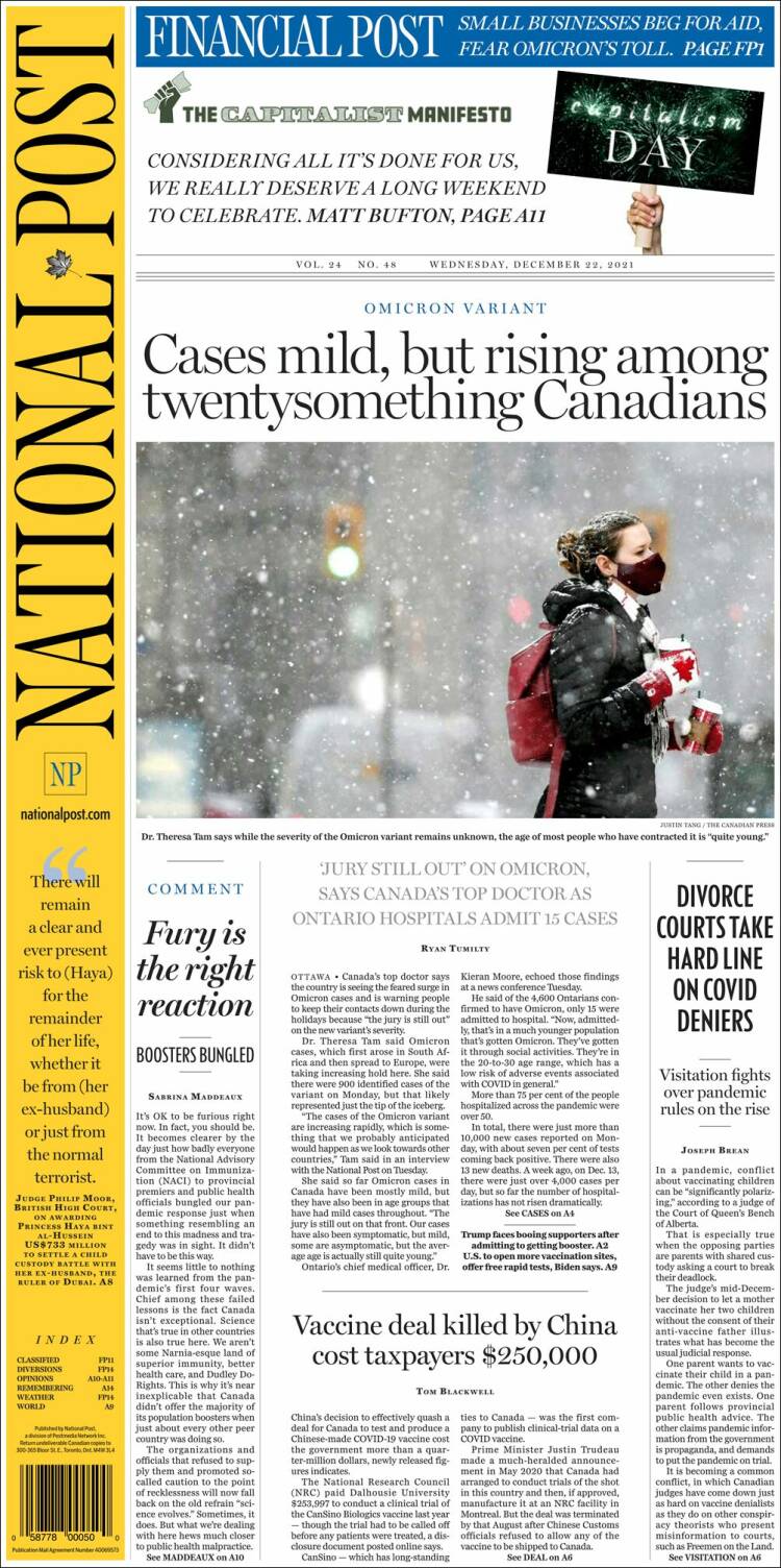 Portada de The National Post (Canadá)