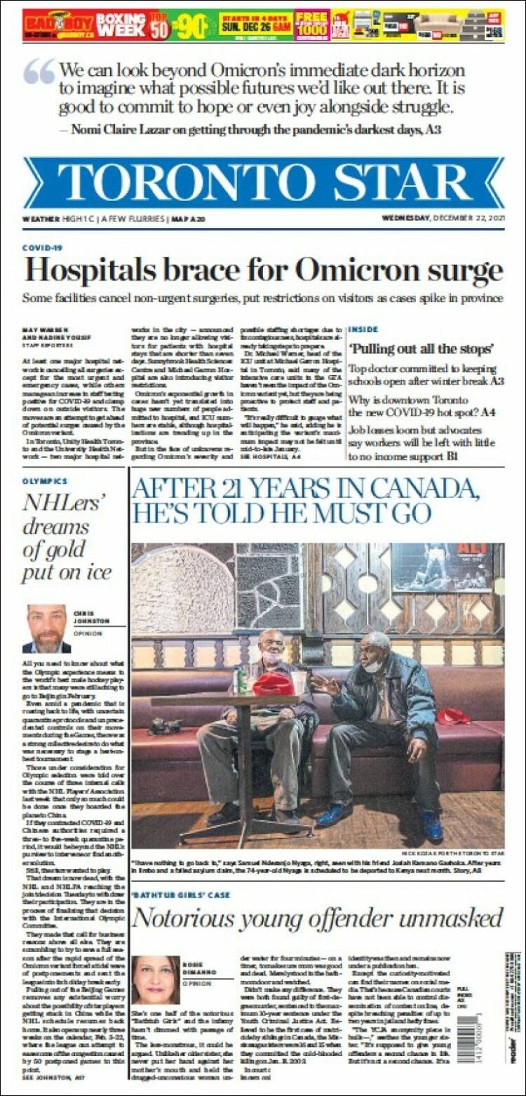 Portada de The Toronto Star (Canadá)