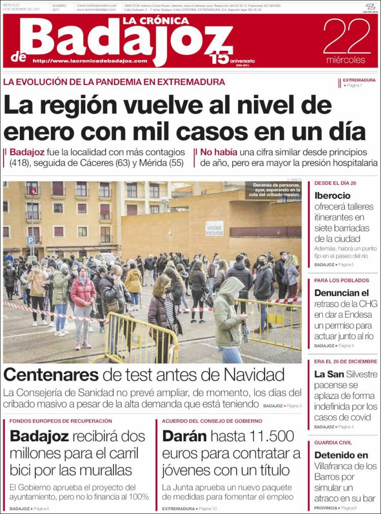 Portada de La Crónica de Badajoz (España)