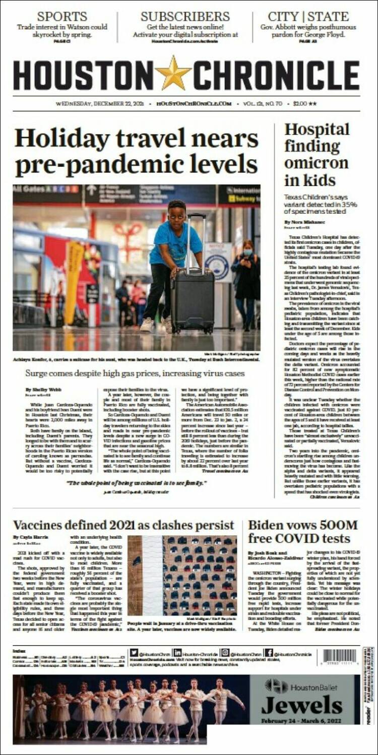 Portada de Houston Chronicle (USA)