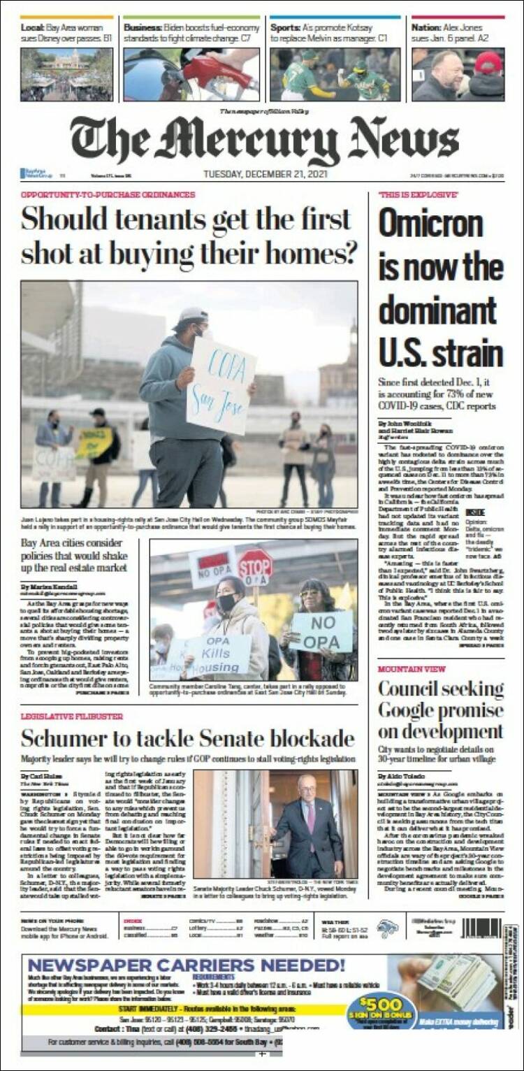 Portada de San Jose Mercury News (USA)