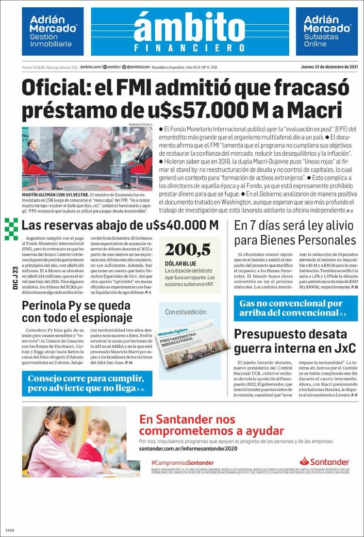 Portada de Diario Ambito Financiero (Argentina)