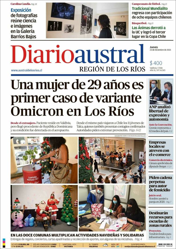 Portada de El Diario Austral de Valdivia (Chile)