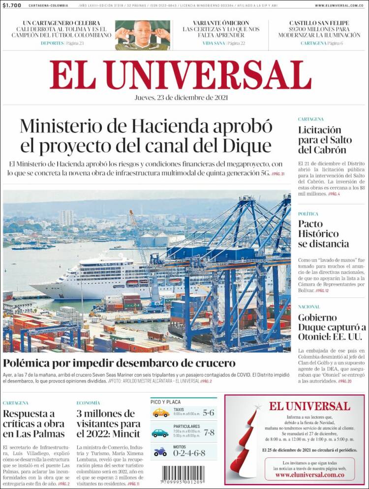 Portada de El Universal (Colombia)