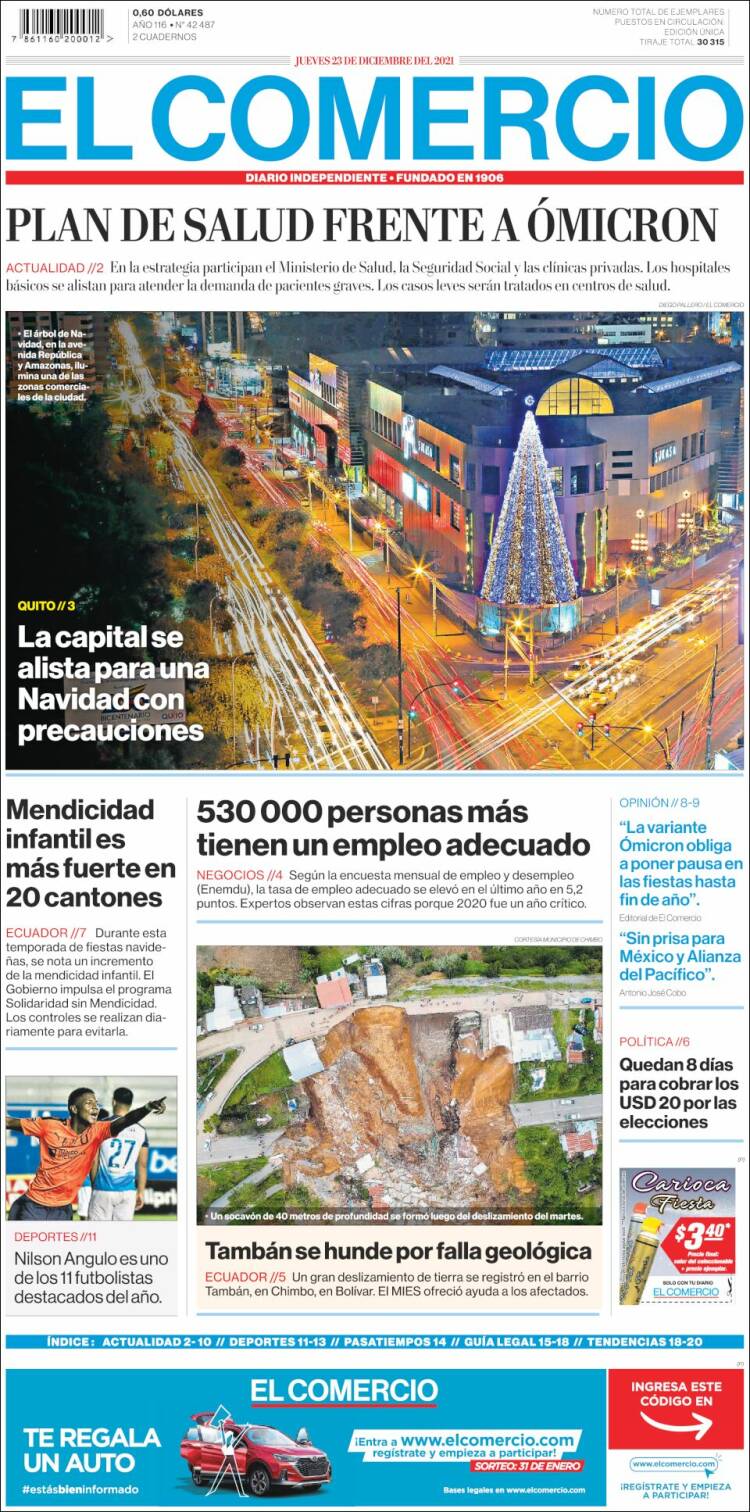 Portada de El Comercio (Ecuador)
