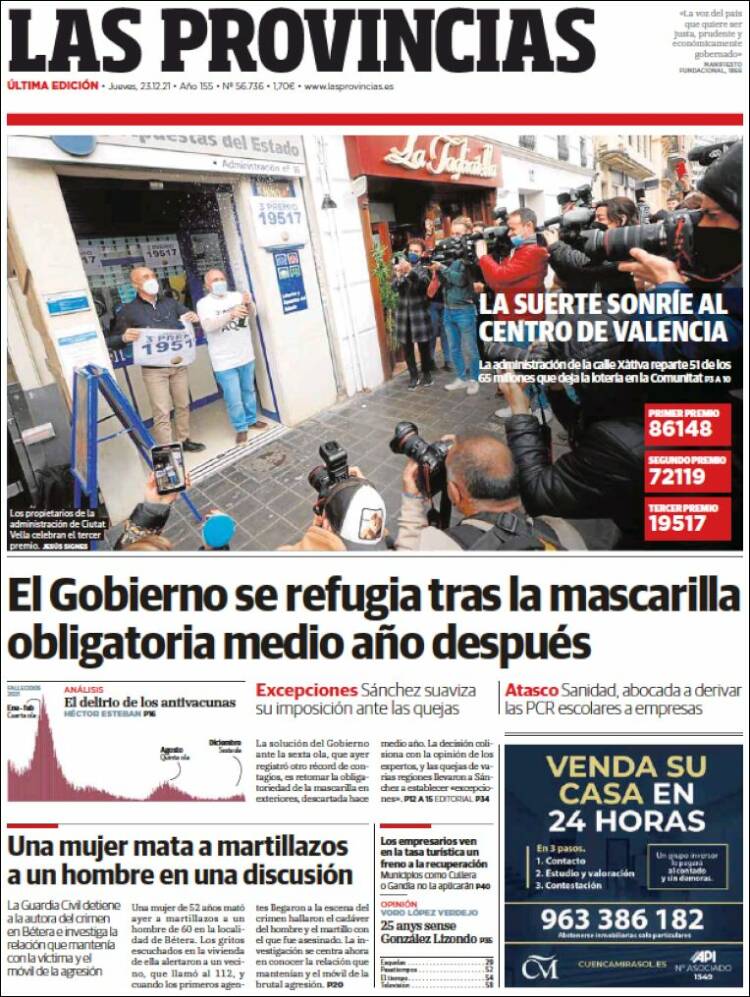 Portada de Las Provincias (Espa&ntilde;a)
