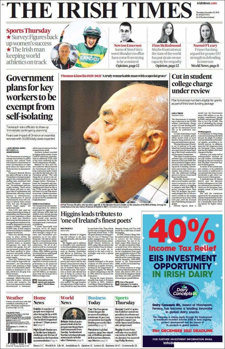 Portada de Irish Times (Irlanda)