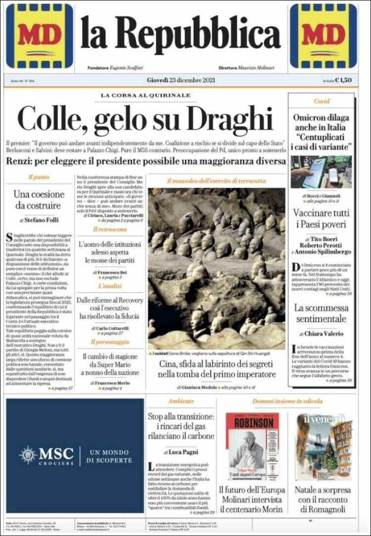 Portada de La Repubblica (Italia)