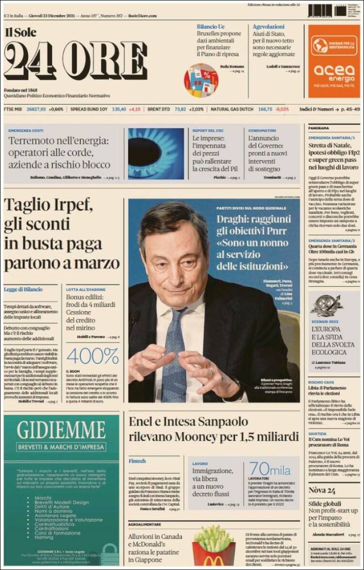Portada de Il Sole 24 ORE (Italia)