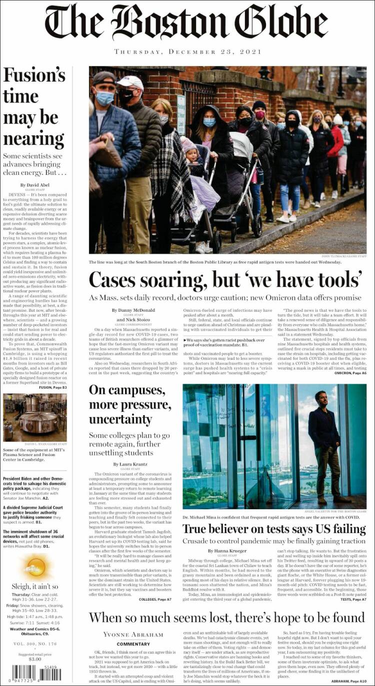 Portada de Boston Globe (USA)