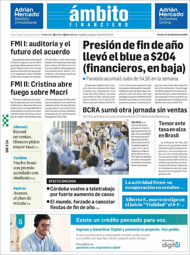 Portada de Diario Ambito Financiero (Argentina)