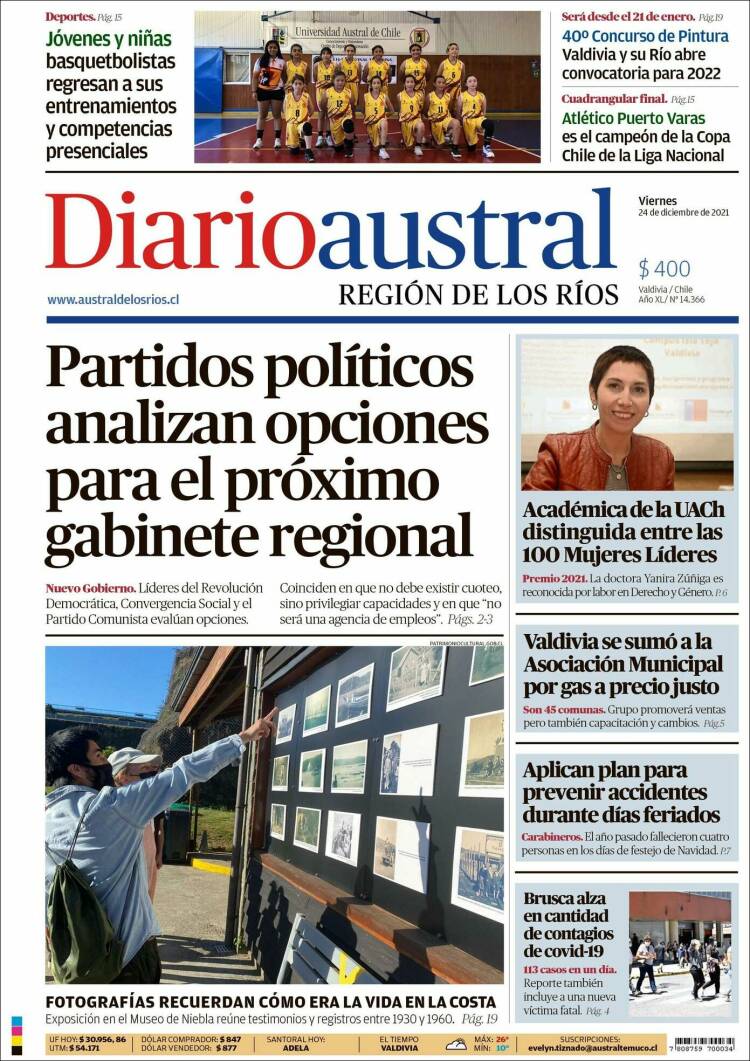 Portada de El Diario Austral de Valdivia (Chile)