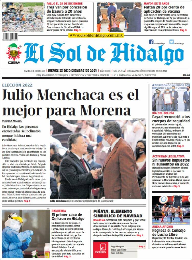 Portada de El Sol de Hidalgo (M&eacute;xico)