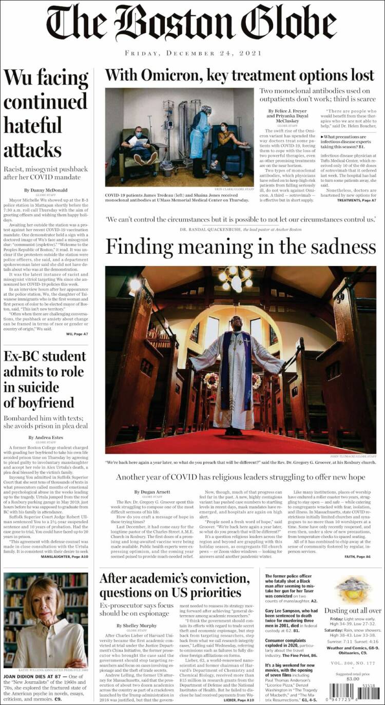 Portada de Boston Globe (USA)