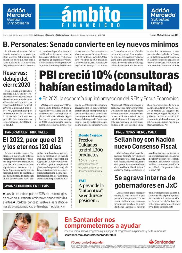 Portada de Diario Ambito Financiero (Argentina)