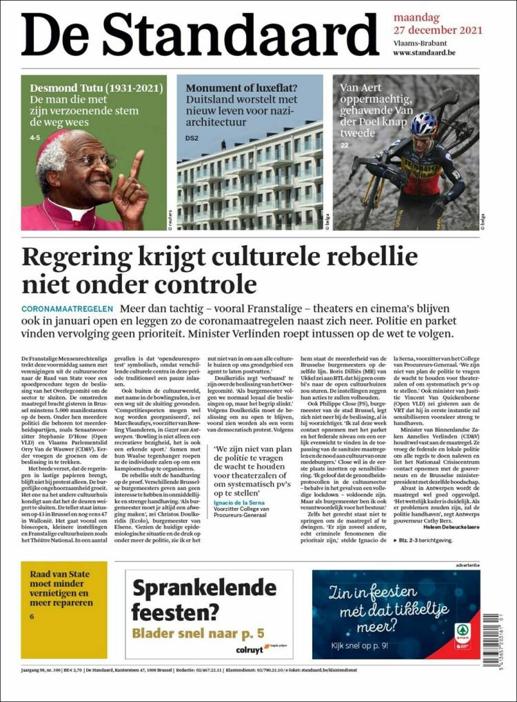 Portada de De Standaard (B&eacute;lgica)