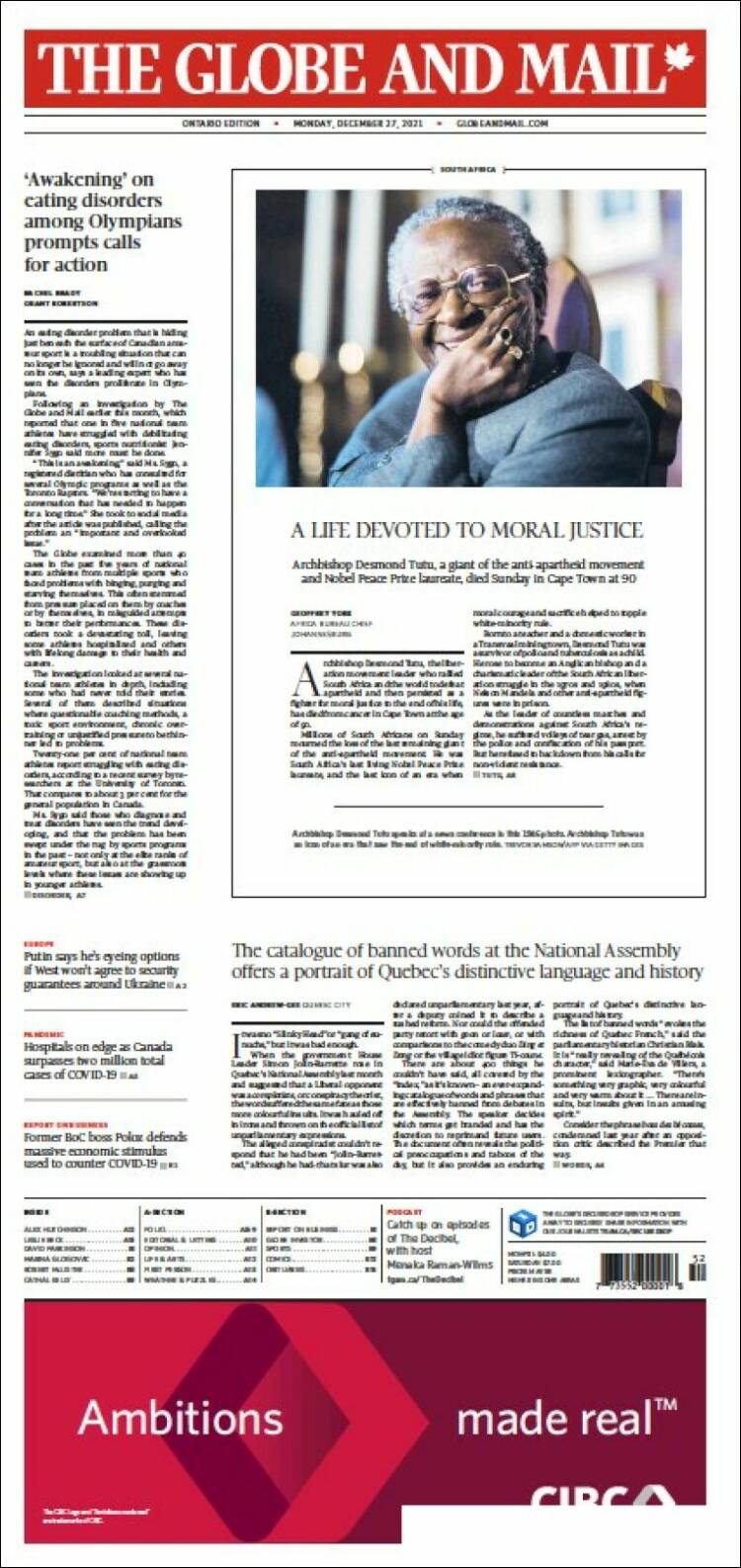 Portada de The Globe and Mail (Canada)