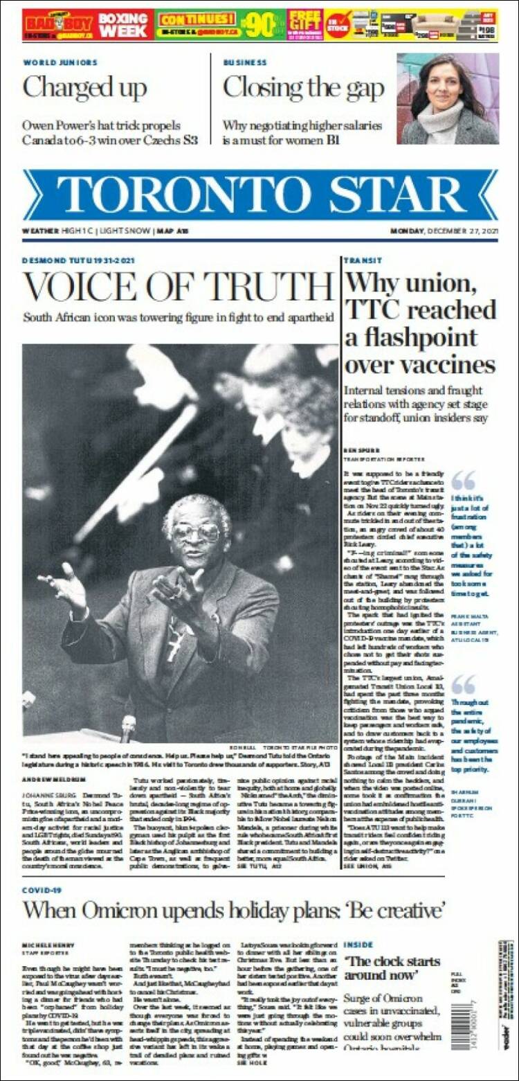 Portada de The Toronto Star (Canadá)