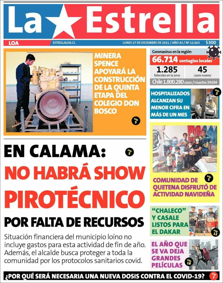 Portada de La Estrella de Loa (Chile)