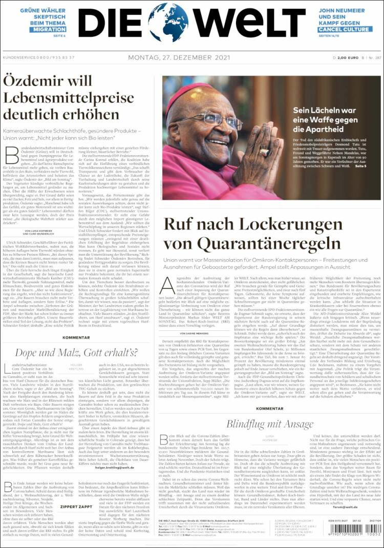 Portada de Die Welt (Alemania)