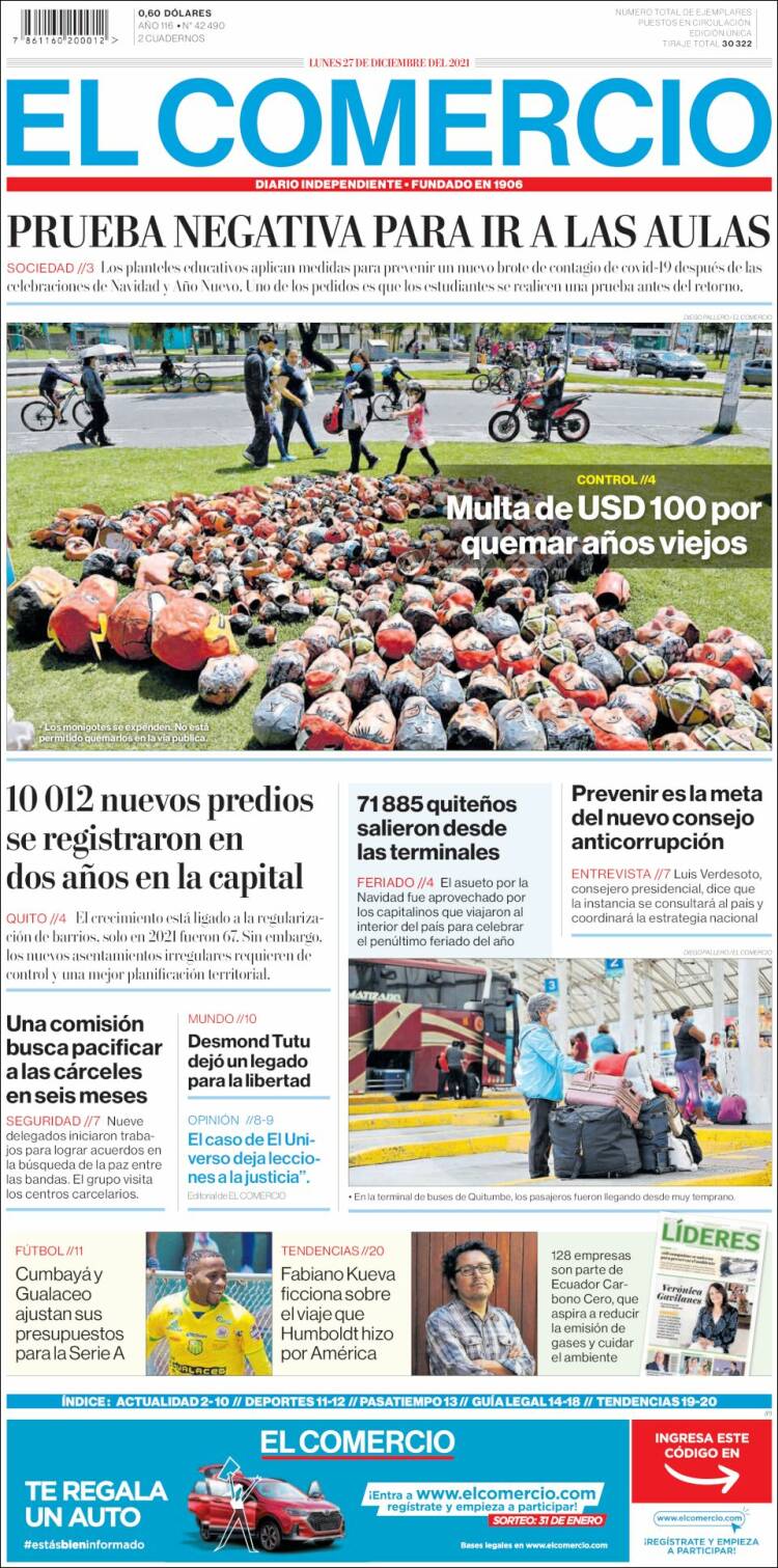 Portada de El Comercio (Ecuador)
