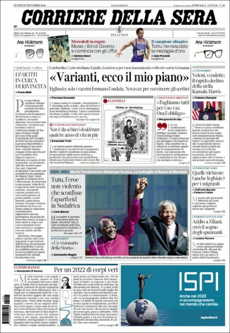 Portada de Corriere della Sera (Italia)
