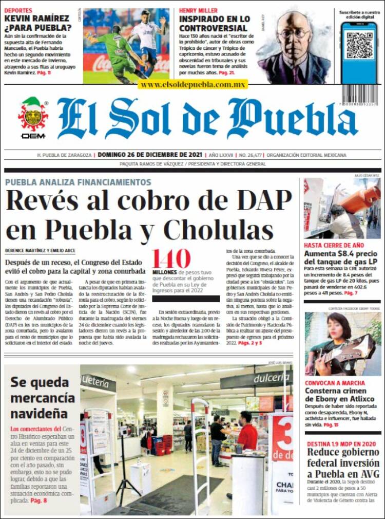 Portada de El Sol de Puebla (M&eacute;xico)