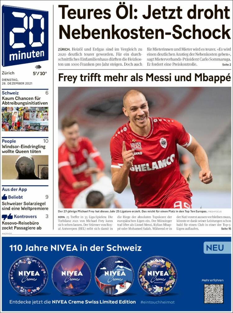 Portada de 20Minuten - Zürich (Suiza)