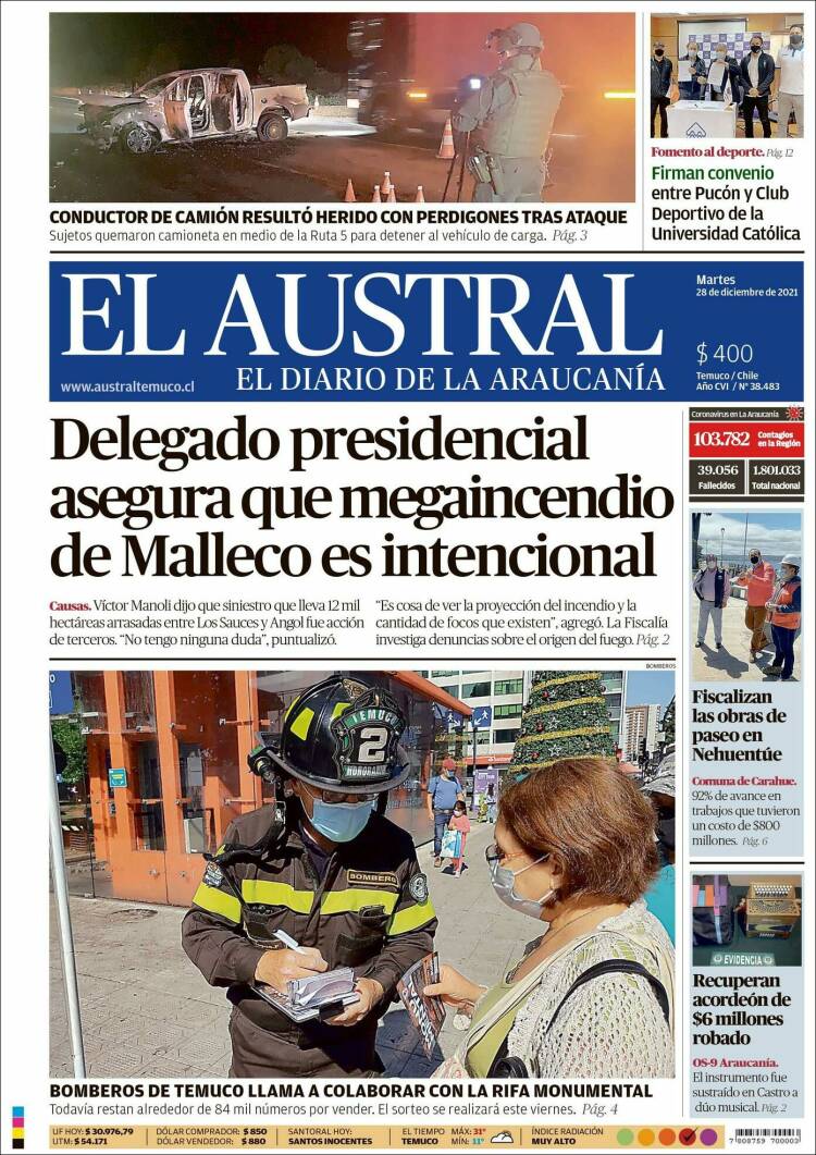 Portada de El Austral de Temuco (Chile)