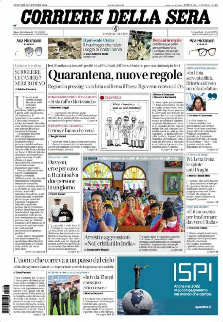 Portada de Corriere della Sera (Italia)