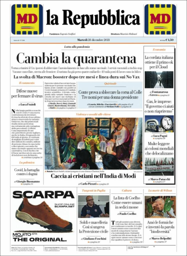 Portada de La Repubblica (Italia)