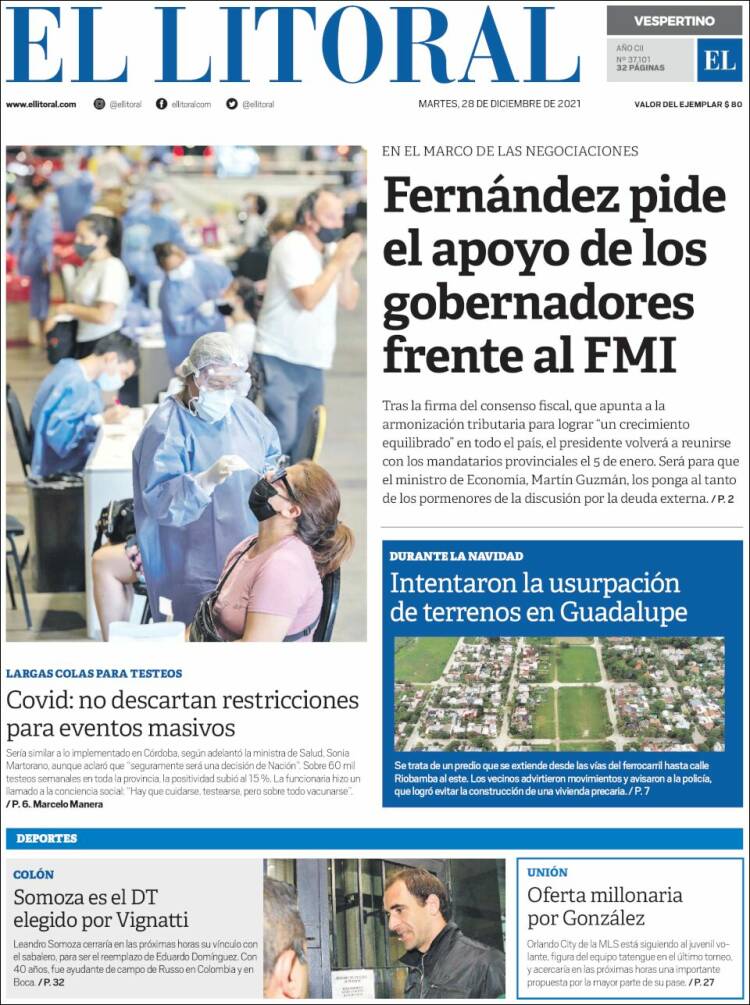 Portada de Diario El Litoral (Argentina)