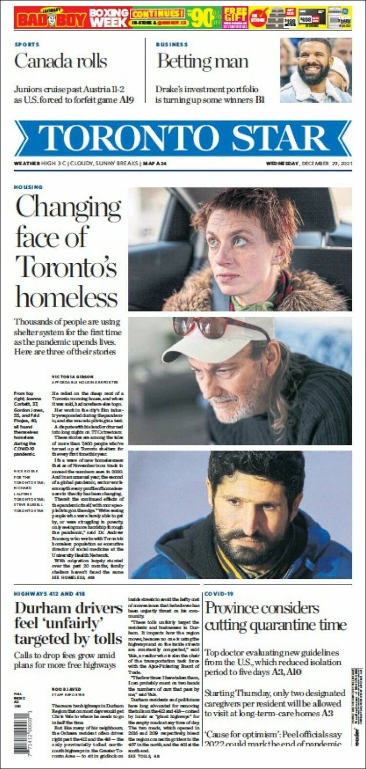 Portada de The Toronto Star (Canada)