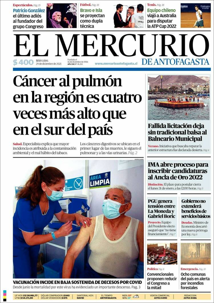 Portada de El Mercurio de Antofagasta (Chile)