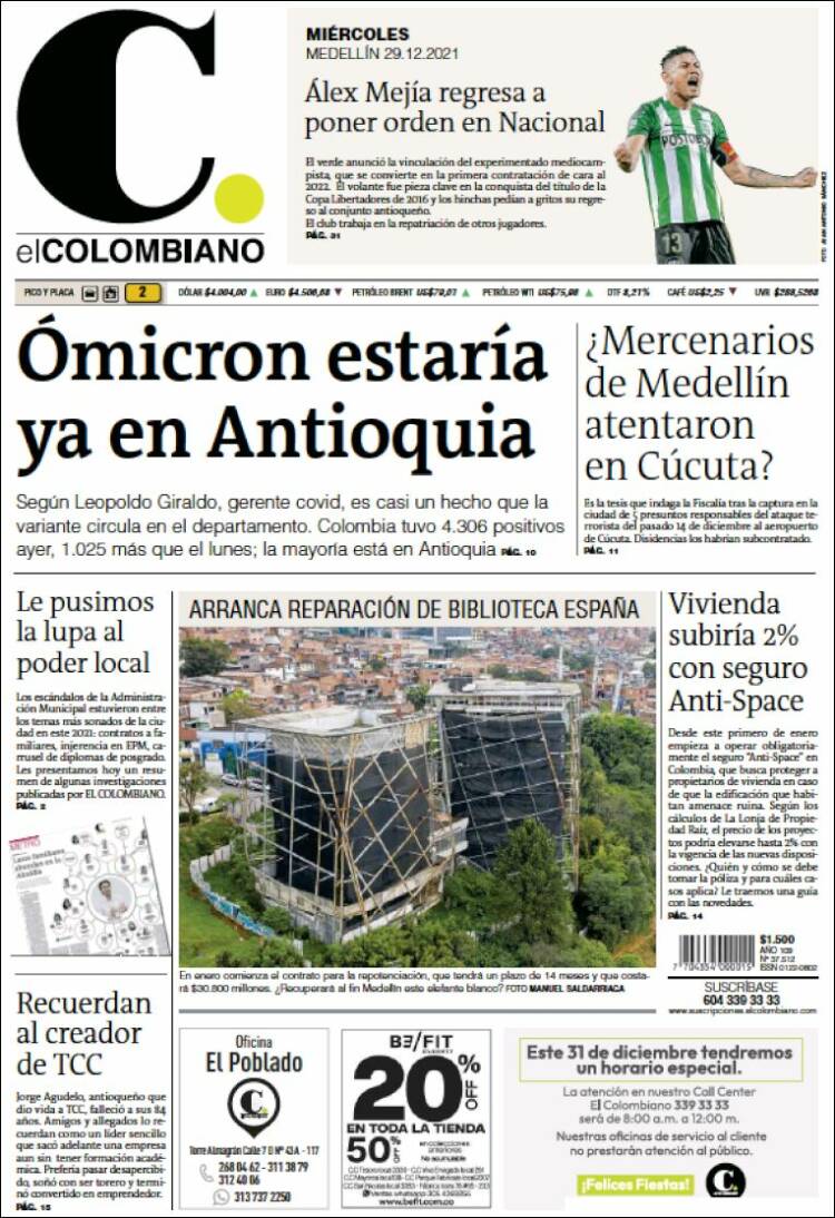 Portada de El Colombiano (Colombia)