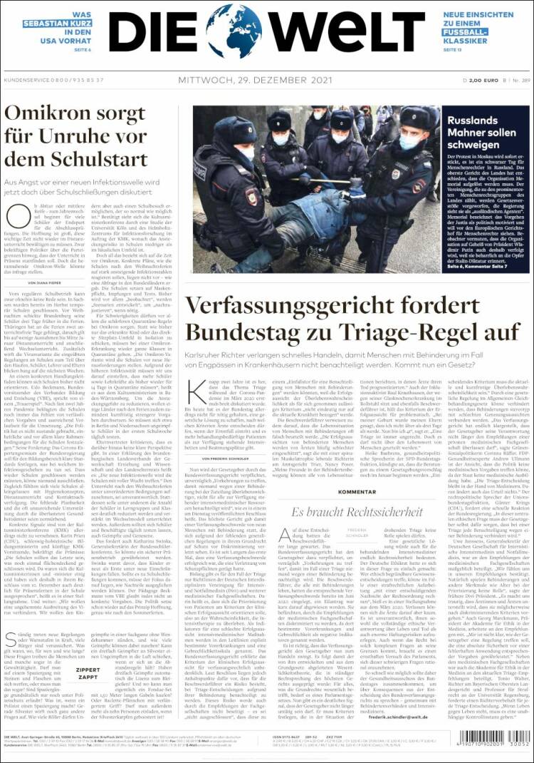 Portada de Die Welt (Alemania)